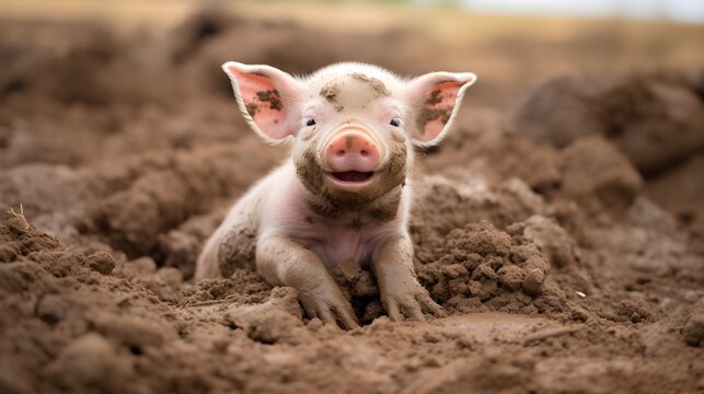 Smiling piglet rolling in the mud Generative AI