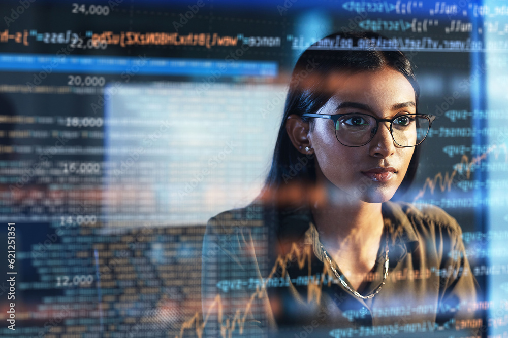 Fototapete Software, coding hologram and woman in data analytics, information technology and gdpr overlay. Programmer or IT person in glasses reading script, programming and cybersecurity research on computer