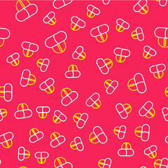 Line Medicine pill or tablet icon isolated seamless pattern on red background. Capsule pill and drug sign. Pharmacy design. Vector