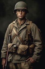 Obraz premium An american soldier in an army uniform, WW2 soldier. Created with Generative Ai technology.