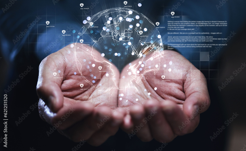 Poster Hands, global network and future technology hologram for communication, networking or ai. Earth, globe or 3d virtual world for cyber security, cloud computing or innovation in digital data hacking