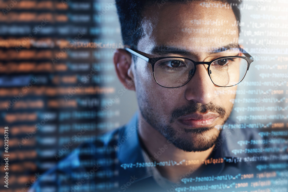 Poster Software, coding hologram and man in data analytics, information technology overlay or html at night. Programmer or IT person in glasses reading website script, programming and cybersecurity research