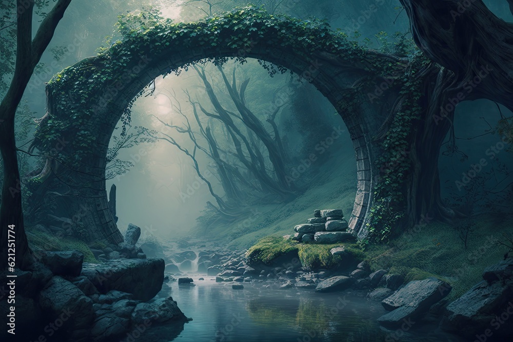 Poster serene forest landscape with a winding stream and a wooden bridge. Generative AI