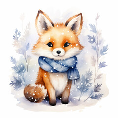 Fox in winter watercolor painting