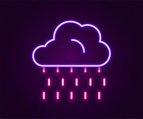 Glowing neon line Cloud with rain icon isolated on black background. Rain cloud precipitation with rain drops. Colorful outline concept. Vector