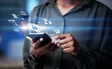 Cyber security, hand and phone with icon hologram for safety lock on network, information or data....