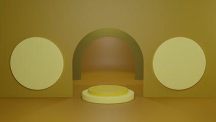 Yellow podium display background. 3D rendering.