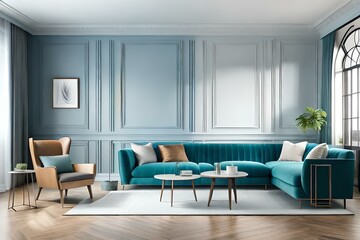 Pastel light color - interior accent. Sky blue of walls and furniture. Modern reception or lounge area of ​​the house. Living room interior mockup design