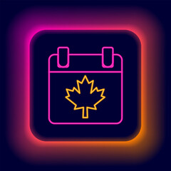 Glowing neon line Canada day with maple leaf icon isolated on black background. 1-th of July Independence Day on the calendar with the Canada flag. Colorful outline concept. Vector