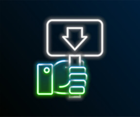 Glowing neon line Hand holding auction paddle icon isolated on black background. Bidding concept. Auction competition. Hands rising signs with BID inscriptions. Colorful outline concept. Vector