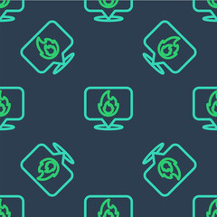 Line Map pointer with fire flame icon isolated seamless pattern on blue background. Fire nearby. Vector