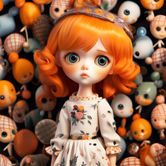 Cute doll illustration with big eyes and orange hair