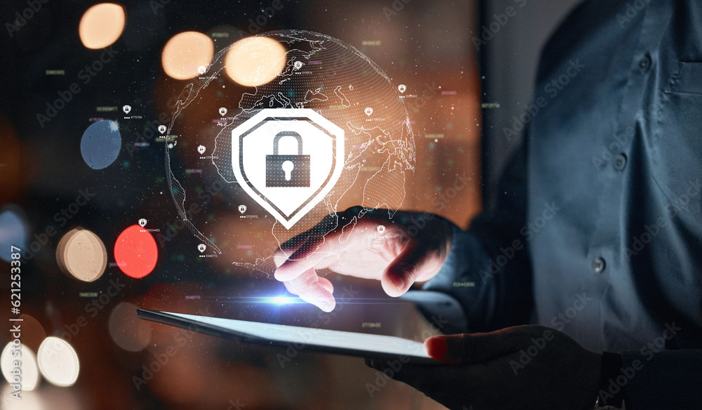 Poster Cyber security, hand and tablet hologram with safety lock for network, information or data. Person with global icon on technology screen for privacy, antivirus or hacking and fraud or access control