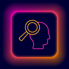 Glowing neon line Magnifying glass for search job icon isolated on black background. Recruitment or selection concept. Search for employees and job. Colorful outline concept. Vector