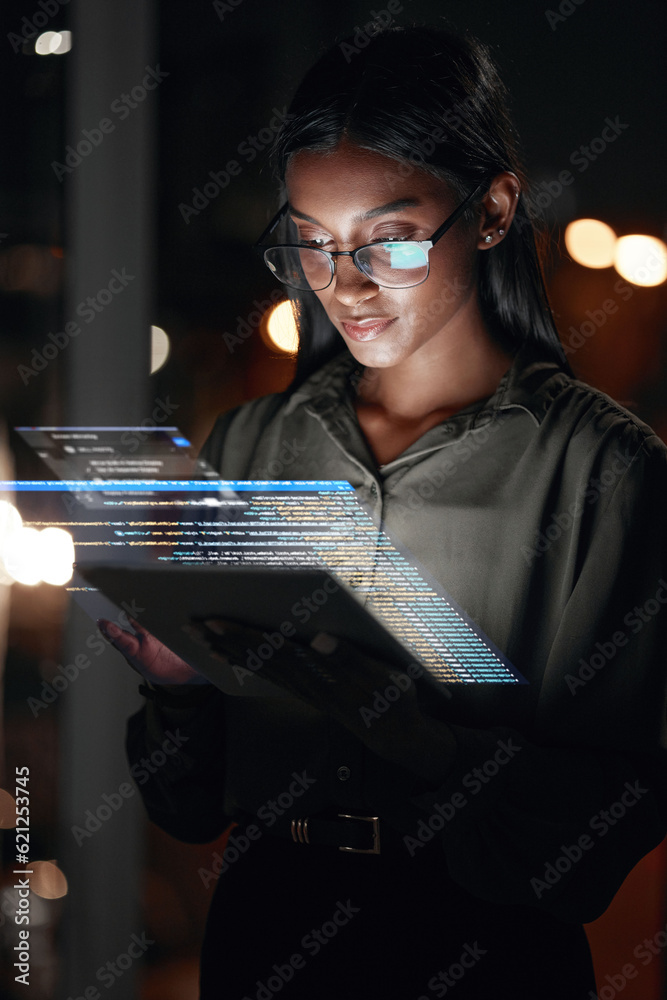 Poster woman, tablet and hologram at night in web design with dashboard, interface or hud display at the of