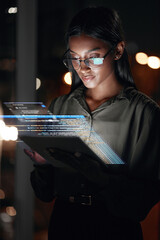 Woman, tablet and hologram at night in web design with dashboard, interface or hud display at the office. Female person, employee or developer working late on futuristic technology or code overlay - obrazy, fototapety, plakaty