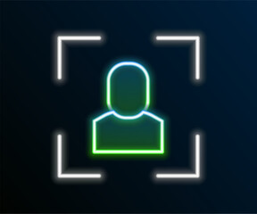Glowing neon line Camera focus frame line icon isolated on black background. Colorful outline concept. Vector