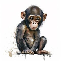 A watercolor painting of a monkey sitting on the ground created with Generative AI technology