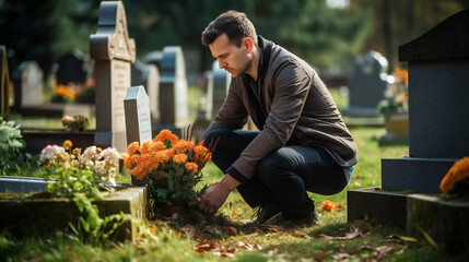 Man kneeling in front of a grave, laying Flowers at Cemetery, goodbye, mourning, remembrance, grief
