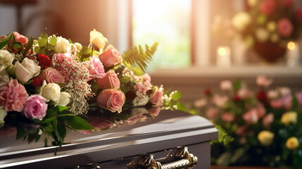 Metal Casket with flowers on it, at funeral, cemetery, service Coffin