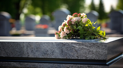 Tombstone with bouquet on it at Cemetery - obrazy, fototapety, plakaty