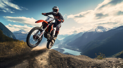 Fototapeta na wymiar Bikerider jumps with motorcycle, spectacle, outdoors, mountains, sky