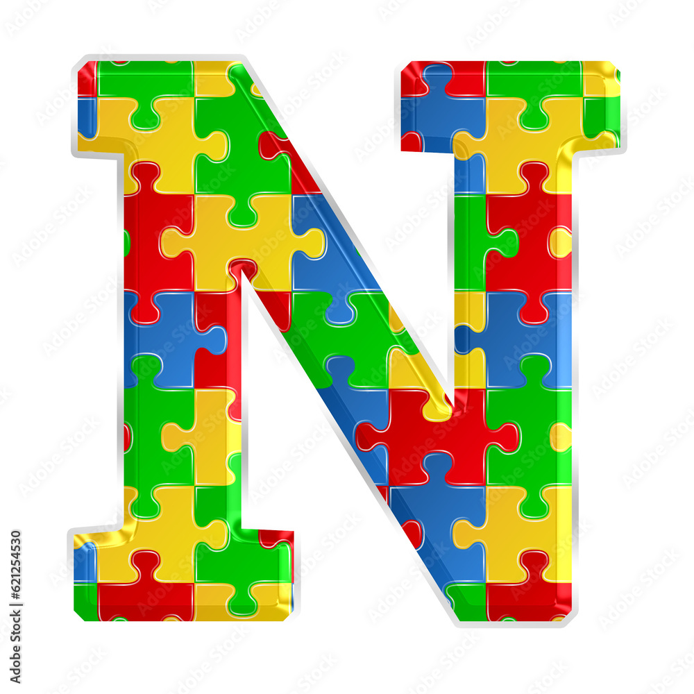 Fototapete Colorful puzzle alphabet letter N, isolated on transparent background, uppercase. This is a part of a set which also includes numbers, symbols, and shapes.