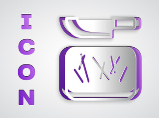 Paper cut Cutting board and knife icon isolated on grey background. Chopping Board symbol. Cutlery symbol. Paper art style. Vector