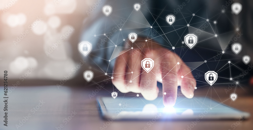 Aufkleber tablet, data protection and person in hologram for cyber security, software password and fingerprint