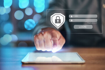 Security, login and hand on tablet for password with hologram of safety lock for network, information or data protection. Person with technology for privacy, cybersecurity or gdpr and global shield