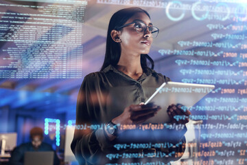 Software, coding hologram and woman on tablet thinking of data analytics, digital technology and...