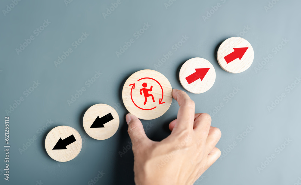 Fototapete Businessperson following Red arrow and different direction facing opposite direction with black arrow for business disruption and technology transformation and different thinking idea concept.