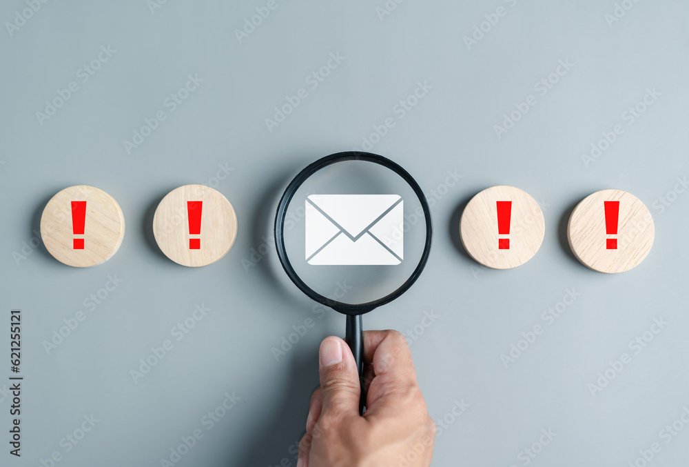 Poster Alert Email inbox and spam virus with warning caution for notification on internet letter security protect, junk and trash mail and compromised information.