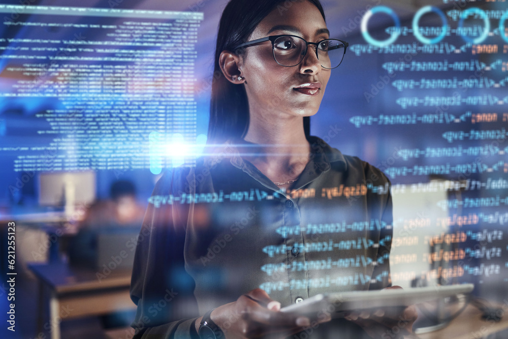 Poster Thinking, code hologram and woman with tablet data analysis, digital technology and software overlay at night. Programmer or Indian person with 3d screen, programming stats and cybersecurity research