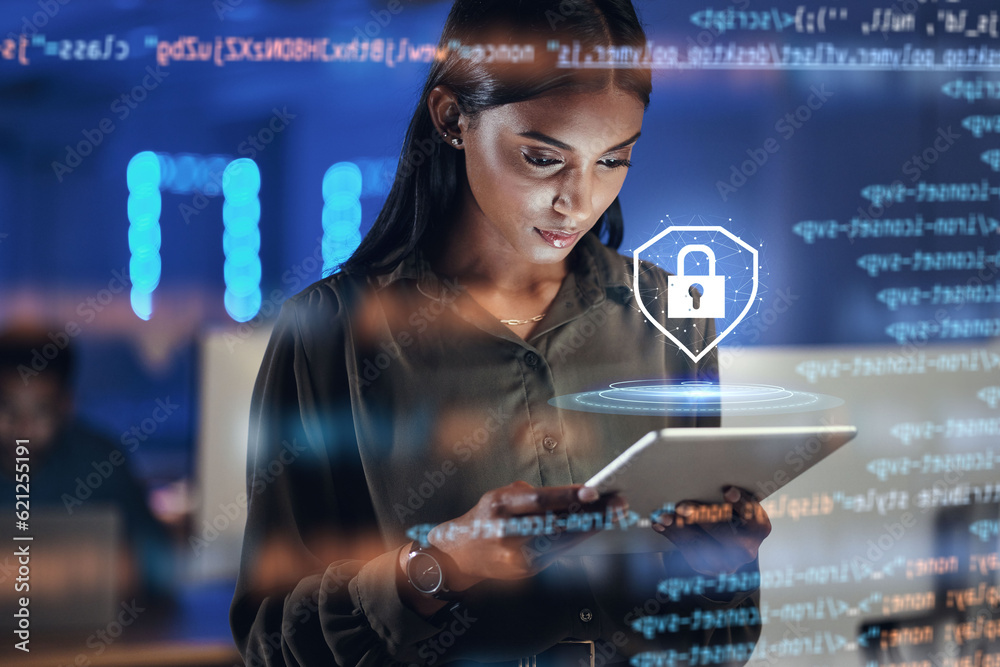 Aufkleber Tablet, lock security and woman in hologram for data safety, software, password or coding in information technology. Cybersecurity, html overlay and person for digital analytics and research of gdpr