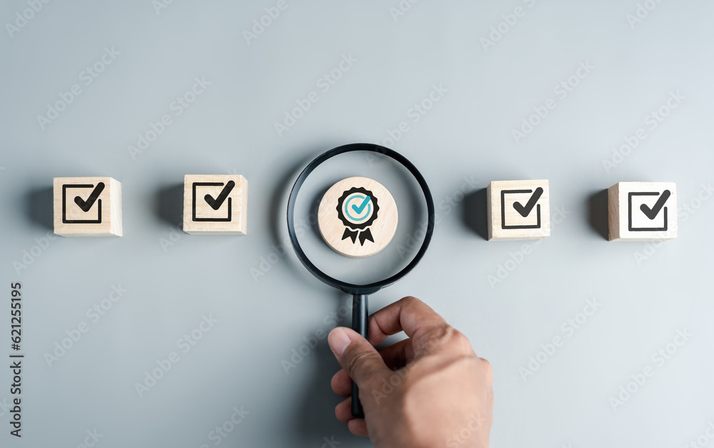 Aufkleber checklist quality management with quality assurance approval guarantee symbol and improvement. stand