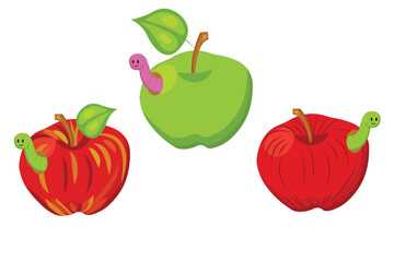 Set of red and green apples with smiling worms. Vector illustration in cartoon style isolated on a white background.