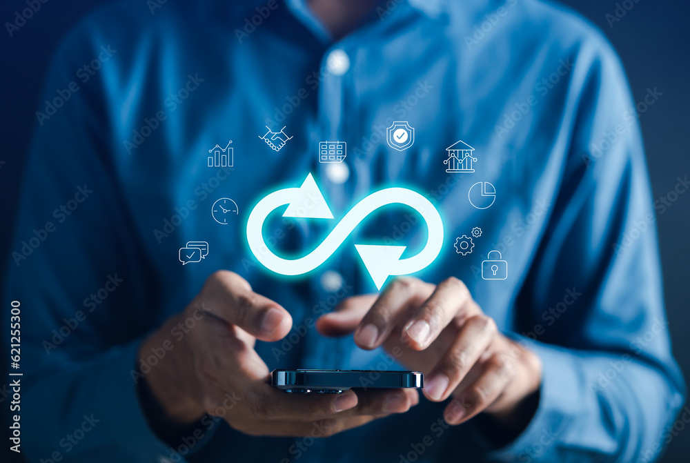 Aufkleber infinity symbol with technology global marketing online in business connection network economy strat