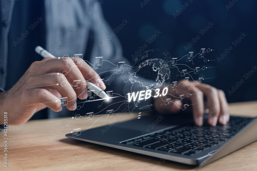 Fototapete Businessman with Web 3.0 Technology in the digital tech future, businessman using smart phone with 3.0 Technology global network, Blockchain Global Futuristic, website internet development on data.
