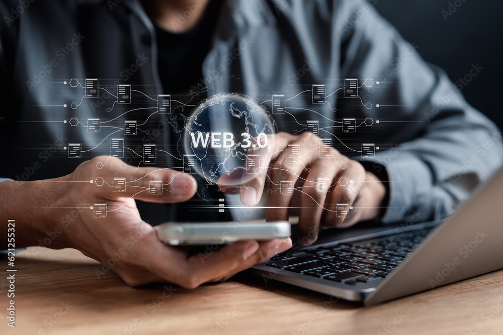 Aufkleber Businessman with Web 3.0 Technology in the digital tech future, businessman using smart phone with 3.0 Technology global network, Blockchain Global Futuristic, website internet development on data.