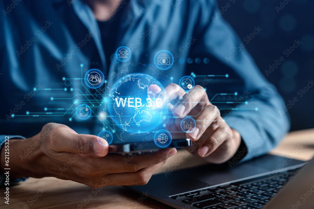 Poster Man hands with Web 3.0 Technology in the digital tech future, 3.0 Technology global network, Blockchain and crypto currency Global Futuristic, website internet development on data.