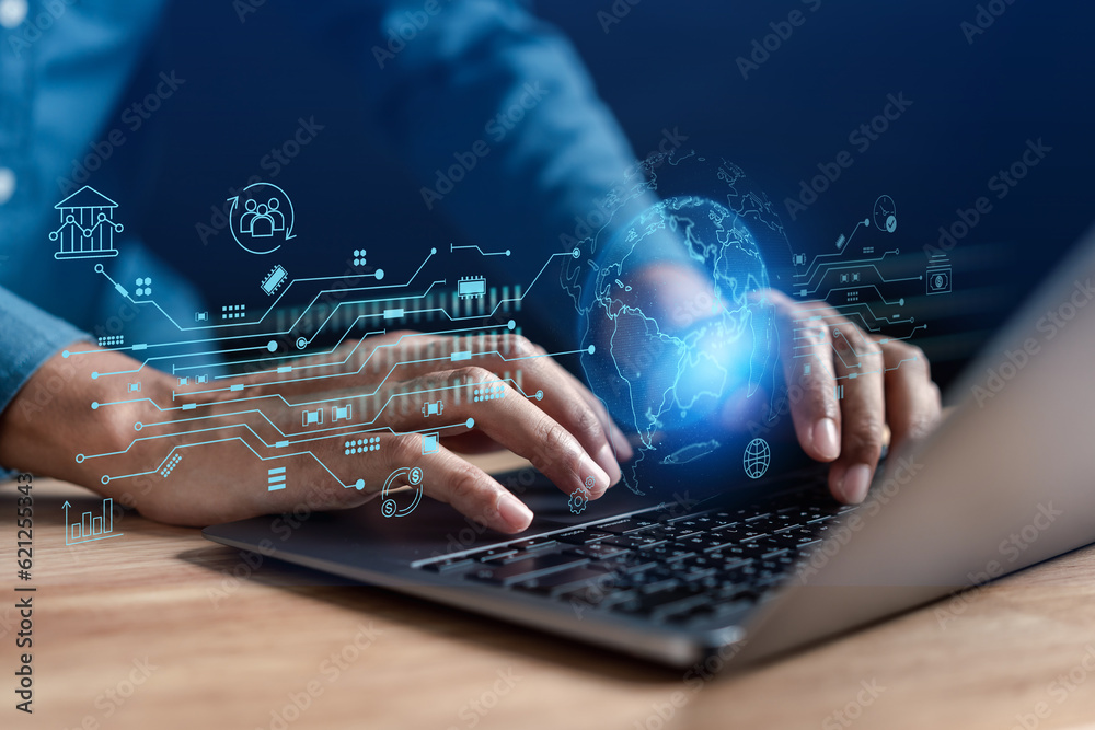 Fototapete Businessman with Web 3.0 Technology in the digital tech future, businessman using smart phone with 3.0 Technology global network, Blockchain Global Futuristic, website internet development on data.