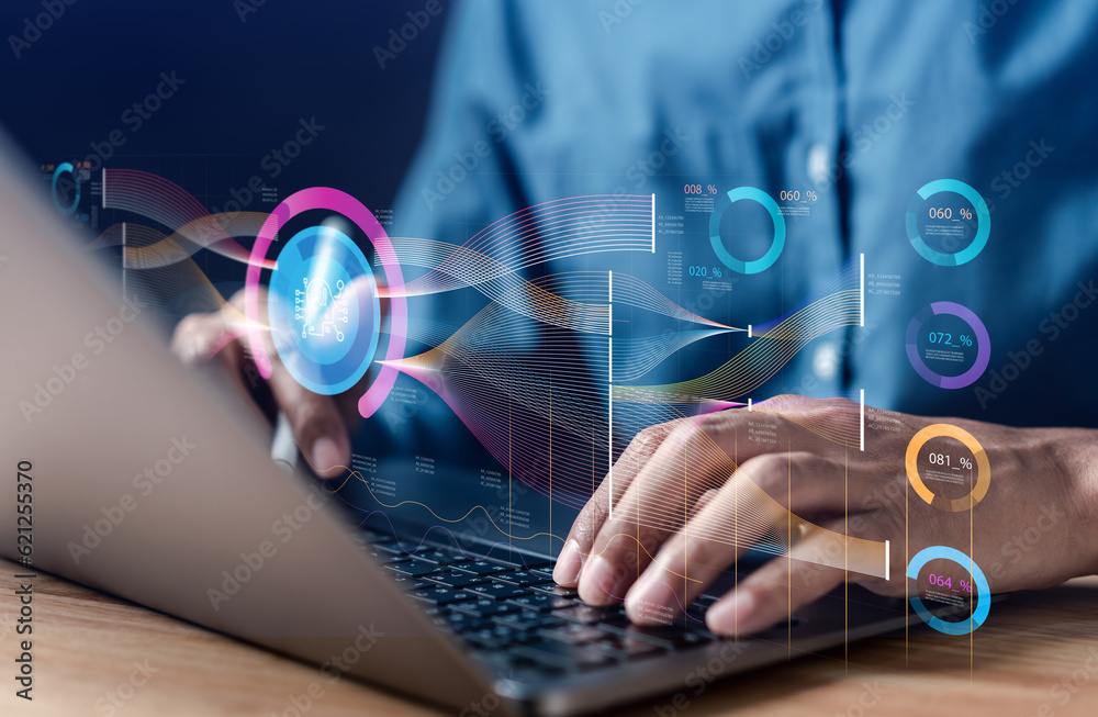 Aufkleber Businessman using ai technology for data analytics, Artificial Intelligence generate. Futuristic technology, robot in online system. Business in future to invest and develop corporate concept.