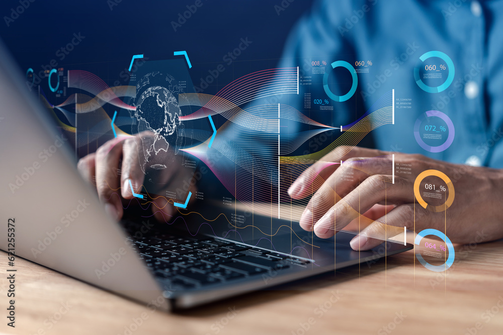 Aufkleber Businessman using ai technology for data analytics, Artificial Intelligence generate. Futuristic technology, robot in online system. Business in future to invest and develop corporate concept.