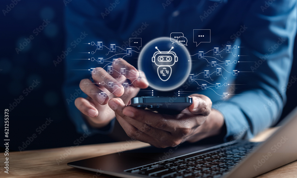Aufkleber Businessman using ai technology. chat bot with AI Artificial Intelligence generate. Futuristic technology, robot in online system. Business in future to invest and develop corporate concept.