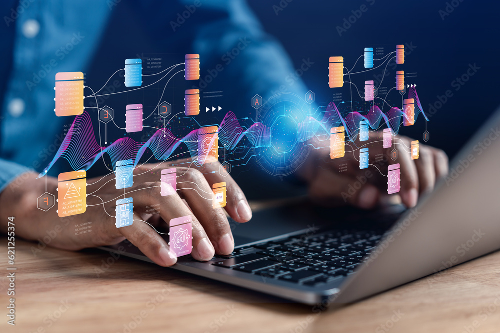 Aufkleber Businessman using ai technology for data analytics, Artificial Intelligence generate. Futuristic technology, robot in online system. Business in future to invest and develop corporate concept.