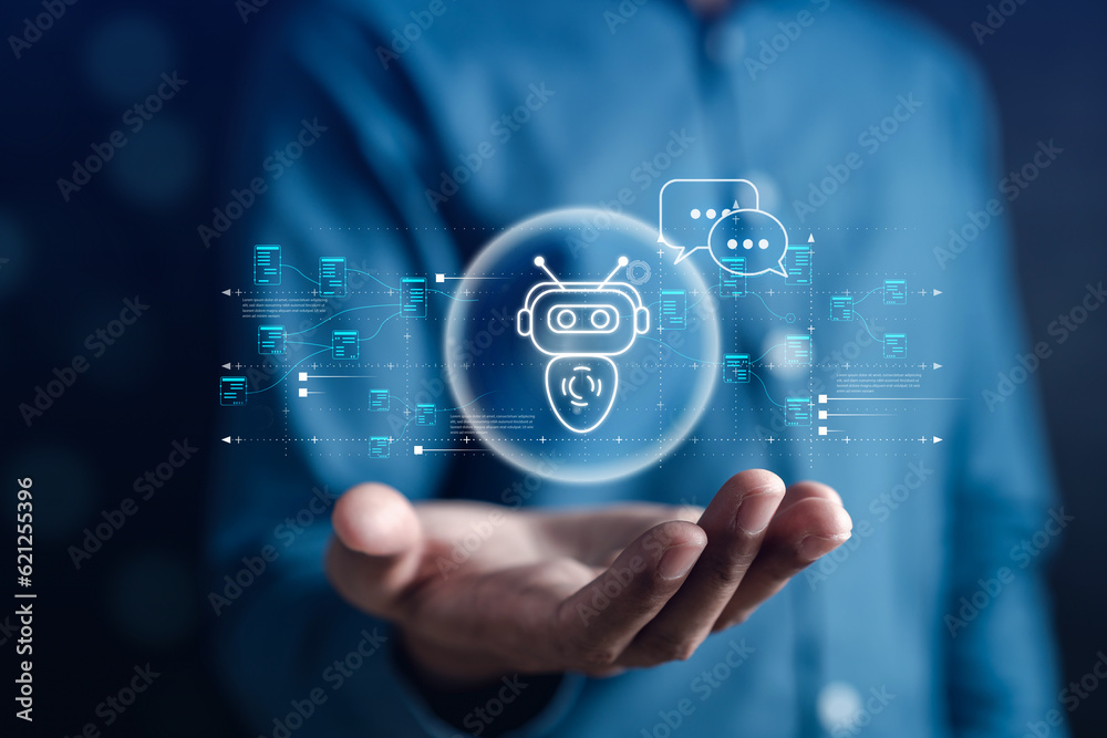 Aufkleber Businessman using ai technology. chat bot with AI Artificial Intelligence generate. Futuristic technology, robot in online system. Business in future to invest and develop corporate concept.