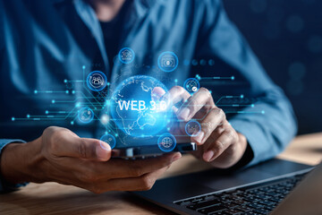 Man hands with Web 3.0 Technology in the digital tech future, 3.0 Technology global network, Blockchain and crypto currency Global Futuristic, website internet development on data.