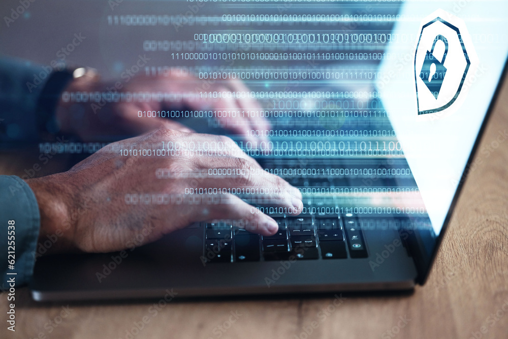 Poster Hands, programmer on laptop and hologram for cyber security, software or binary code. IT, typing and developer with keyboard, gdpr lock and data protection for networking, cloud computing and closeup