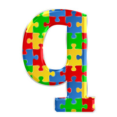 Colorful puzzle alphabet letter q, isolated on transparent background, lowercase. This is a part of a set which also includes numbers, symbols, and shapes.